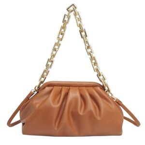 Ruched Gold Chain Brown Faux Leather Bag Clutch Closure Shoulder Bag Classic Bag